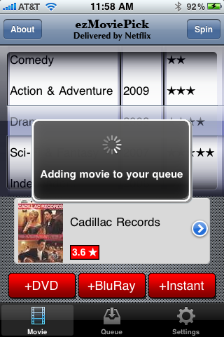 Adding a movie in netflix queue with ezMoviePick